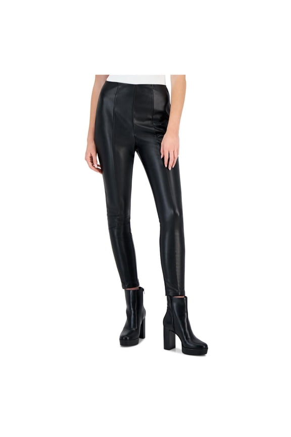 Womens Faux Leather High Rise Casual Trouser Pants, Black, Medium