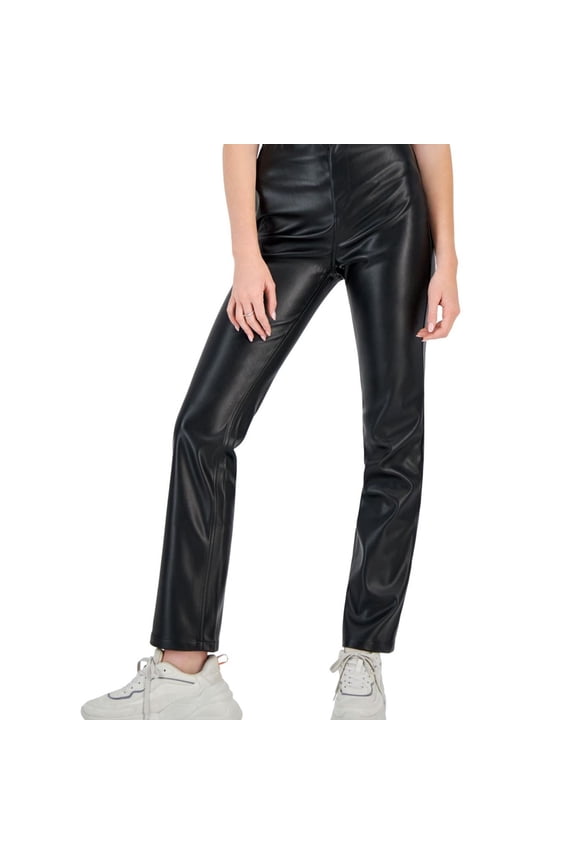 Womens Faux Leather High Rise Casual Trouser Pants, Black, Small