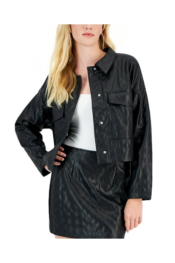 Juniors' Quilted Faux-Leather Cropped Shacket Black XS