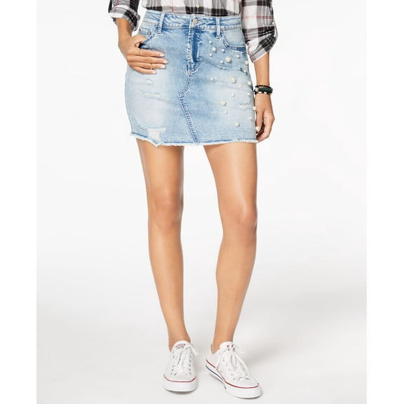 Tinseltown Juniors Ripped Embellished Denim Skirt Light Wash 0
