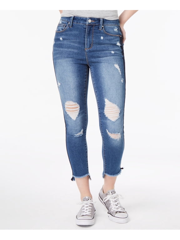 Juniors Ripped Varsity Stripe Ankle Skinny Jeans Blue Double Stripe 3