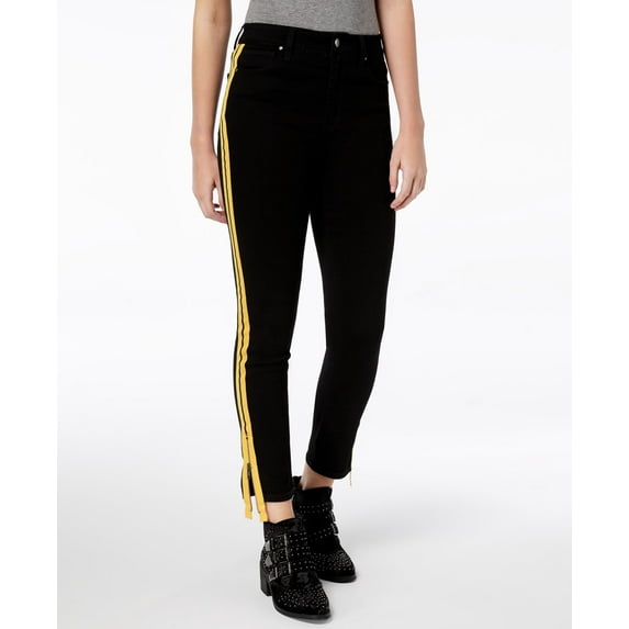 Tinseltown Juniors Striped Skinny Jeans Black Rinse W Yellow Stripe 0