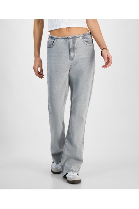 LIGHT GREY WASH Juniors' Mid-Rise Raw-Waistband Flare Jeans, US 15/32