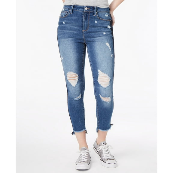 Tinseltown Juniors Ripped Varsity Stripe Ankle Skinny Jeans Blue Double Stripe 7