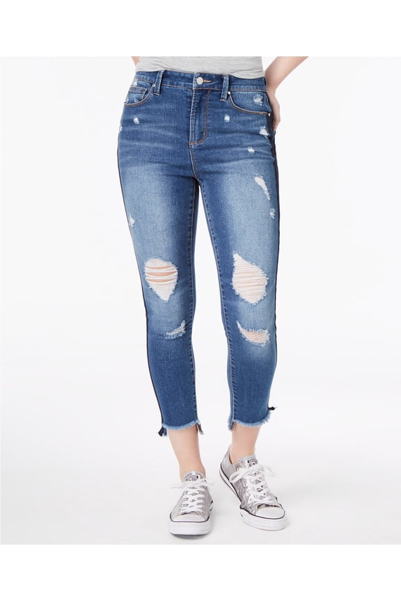 Juniors Ripped Varsity Stripe Ankle Skinny Jeans Blue Double Stripe 7