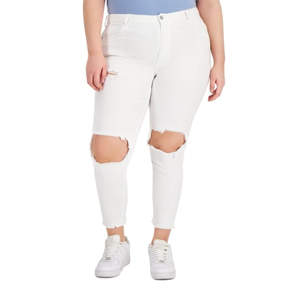 Tinseltown Trendy Plus Size Destructed Mom Jeans Bright White 20W