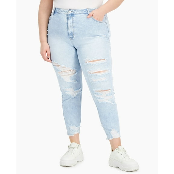 Tinseltown Trendy Plus Size Destructed Mom Jeans Sabina Wash 16W