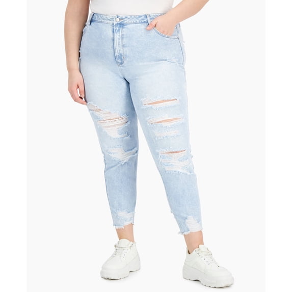 Tinseltown Trendy Plus Size Destructed Mom Jeans Sabina Wash 24W