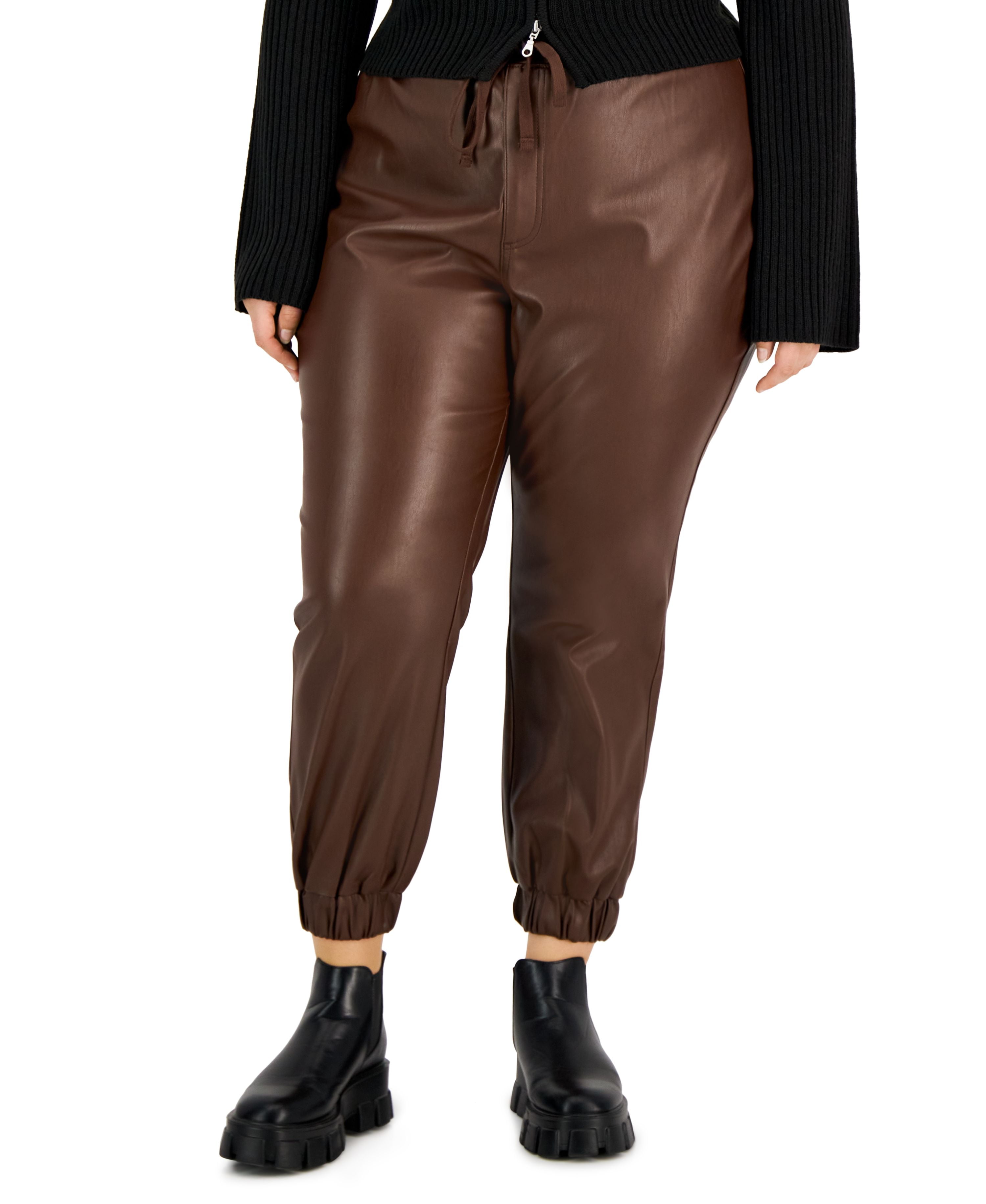 Tinseltown Trendy Plus Size Drawstring Faux Leather Joggers Brown Chicory 3X