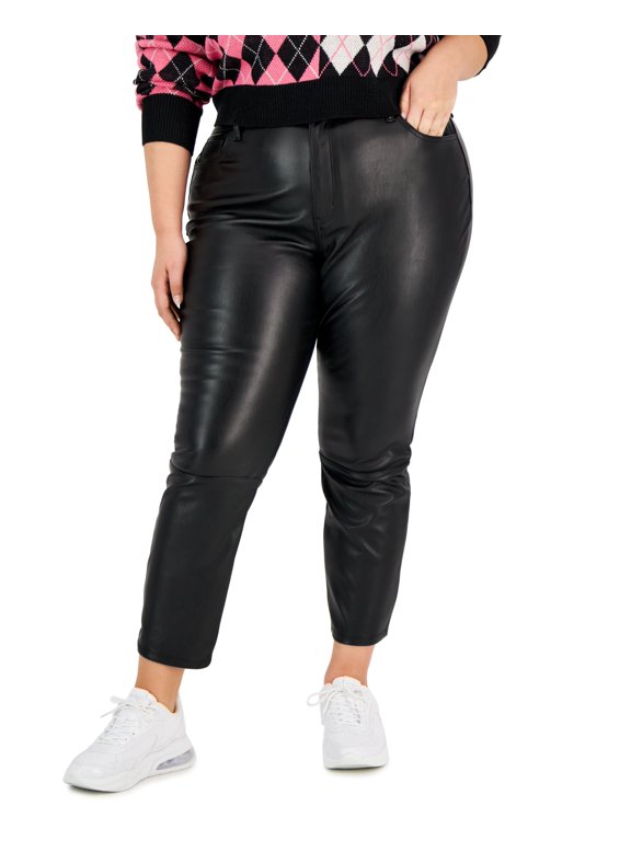 Trendy Plus Size Faux Leather Mom Pants Black 18W