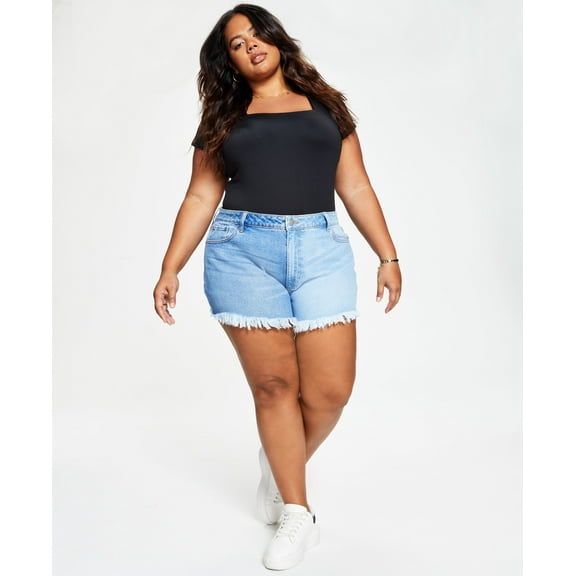 Tinseltown Trendy Plus Size High Rise Frayed Hem Mom Shorts Tone Wash 14W