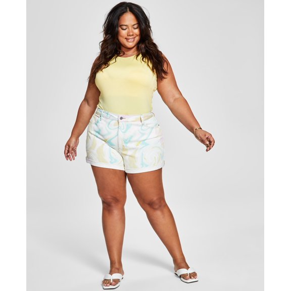 Tinseltown Trendy Plus Size High Rise Printed Cuffed Mom Shorts Marble Swirl 24W