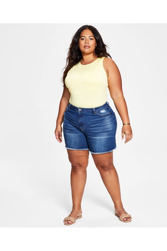 Trendy Plus Size High Rise Relaxed Mom Shorts Dark Wash 18W