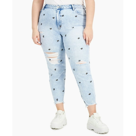 Tinseltown Trendy Plus Size Ripped Embroidered Mom Jeans Butterfly 14W