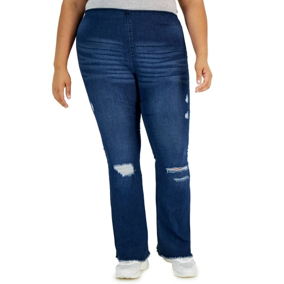Tinseltown Trendy Plus Size Ripped Pull On Flare Jeans Dark Wash 22W