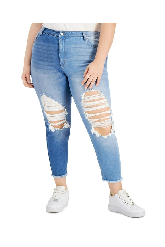 Trendy Plus Size Two Tone Destructed Mom Jeans Two Tone Wash 20W