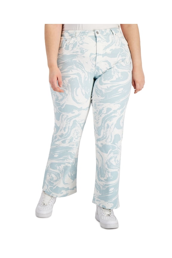 Trendy Plus Size Wide Leg Jeans Blue Marble Print 24W