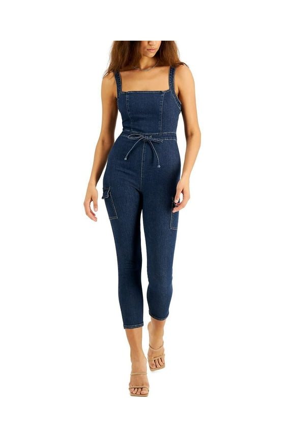 Women's Juniors' Belted Denim Jumpsuit with Ruffle Blue B4HP (Regular,S)