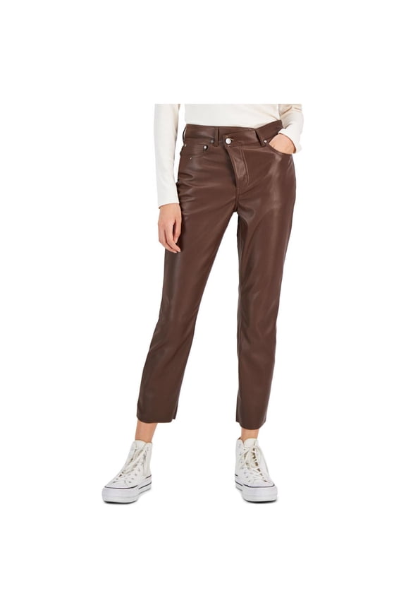 Womens Asymmetrical Waist Casual Trouser Pants, Brown, Juniors, 27