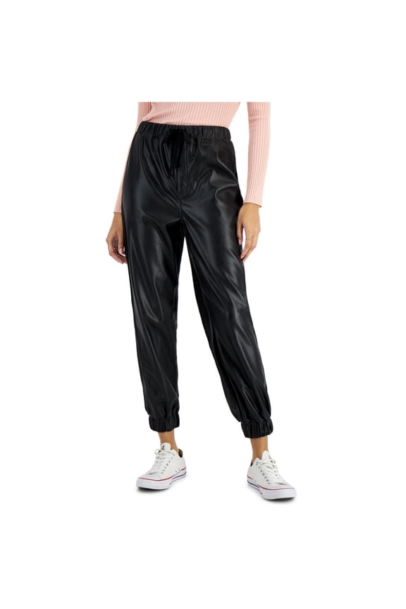 Womens Faux Leather Casual Jogger Pants, Black, Juniors, Medium