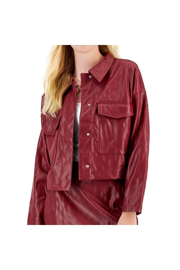 Womens Faux Leather Decretive Stitching Cropped Jacket, Red, Juniors, X-Large