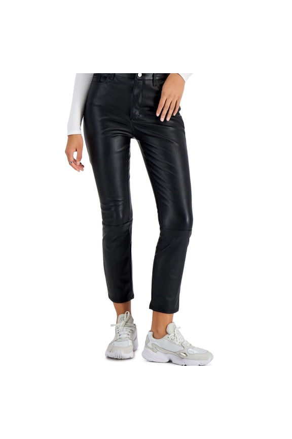 Womens Faux Leather Straight Leg Casual Trouser Pants, Black, Juniors, 1