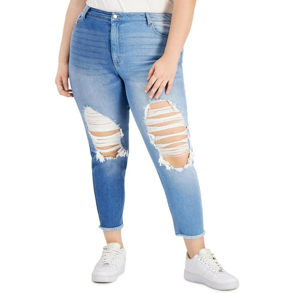 Tinseltown Womens Plus Hi Rise Ripped Mom Jeans