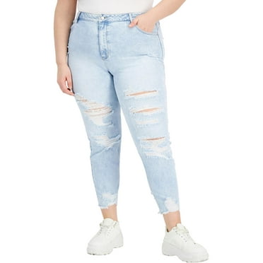 Tinseltown Womens Plus High Rise Destroyed Mom Jeans