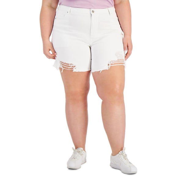 Tinseltown Womens Plus High Rise Frayed Hem Denim Shorts