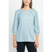 Tint + Shadow 3/4 Sleeve Crew Neck with Rhinestone Button Keyhole & Front Ruffle detail Knit Top-BLUE / L