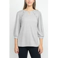thumbnail image 1 of Tint + Shadow 3/4 Sleeve Crew Neck with Rhinestone Button Keyhole & Front Ruffle detail Knit Top-BLUE / S, 1 of 3