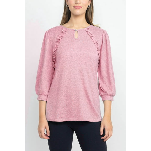 Tint + Shadow 3/4 Sleeve Crew Neck with Rhinestone Button Keyhole & Front Ruffle detail Knit Top-PINK / L