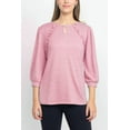thumbnail image 1 of Tint + Shadow 3/4 Sleeve Crew Neck with Rhinestone Button Keyhole & Front Ruffle detail Knit Top-PINK / XL, 1 of 11