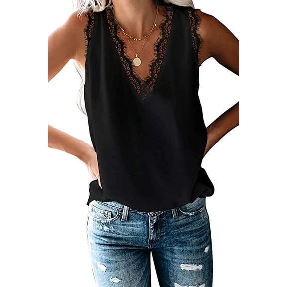 Tinta 2022 Women's V Neck Lace Trim Casual Tank Tops Sleeveless Blouses Shirts