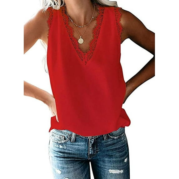 Tinta 2022 Women's V Neck Lace Trim Casual Tank Tops Sleeveless Blouses Shirts Red M