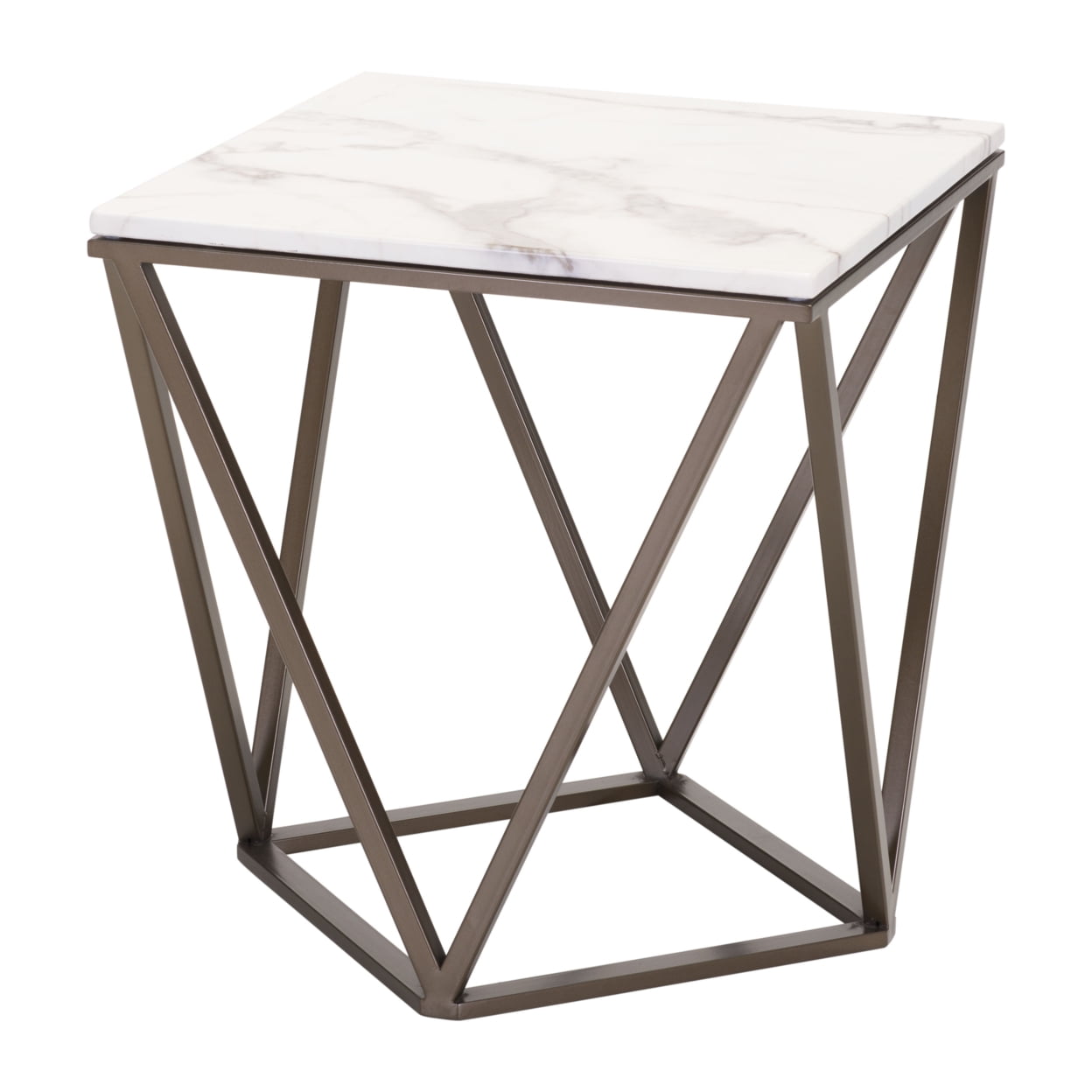 White Marble and Antique Brass Geometric Accent Table