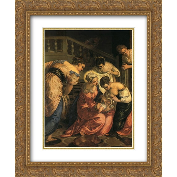 Tintoretto 2x Matted 20x24 Gold Ornate Framed Art Print 'The birth of St. John the Baptist ' detail'