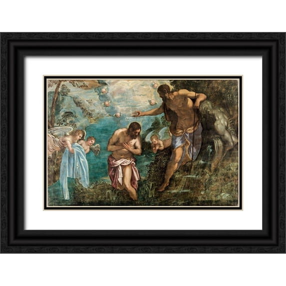 Tintoretto, Jacopo 24x17 Black Ornate Wood Framed with Double Matting Museum Art Print Titled - Baptism of Christ