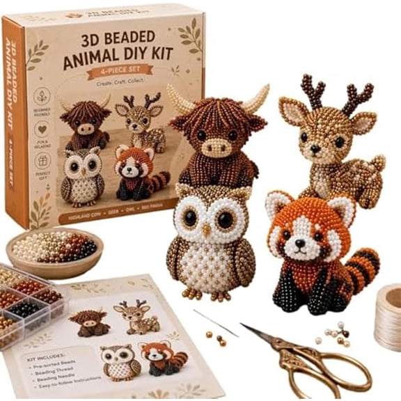 Tiny 3D Beaded Animal DIY Kit, 3D Animal Themed Beadwork Kit, for Beginners & Craft Enthusiasts, Petite 3D Beaded Animal Craft Kit, with Colorful Beads and Instructions, with 4 Cute Desig-n (#1)