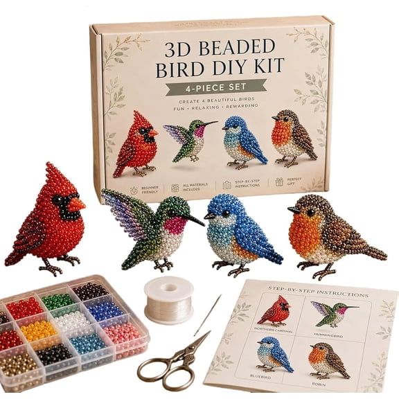Tiny 3D Beaded Animal DIY Kit, 4 Cute Designs with Instructions, 3D Animal Themed Beadwork Kit for Beginners & Craft Enthusiasts, Home DIY Craft Project (Backyard Birds)