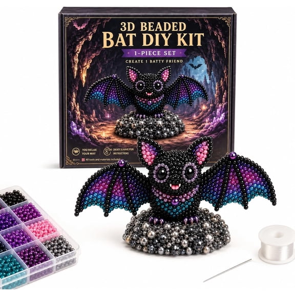 Tiny 3D Beaded Animal DIY Kit, 4 Cute Designs with Instructions, 3D Animal Themed Beadwork Kit for Beginners & Craft Enthusiasts, Home DIY Craft Project (Bat)
