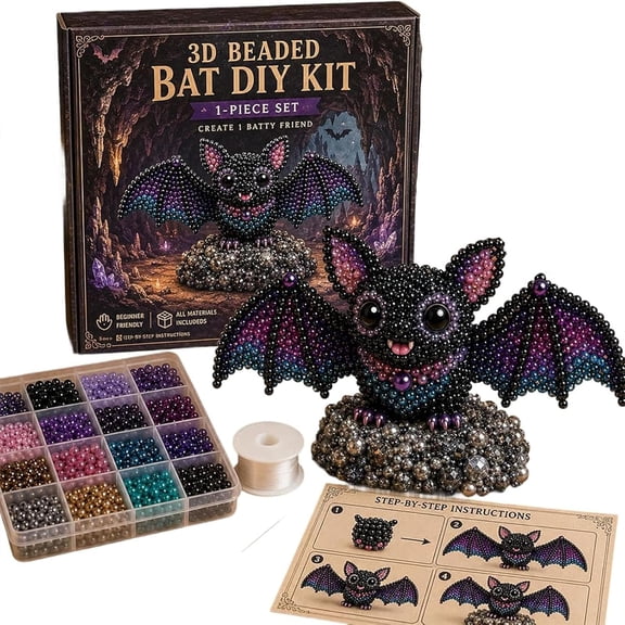 Tiny 3D Beaded Animal DIY Kit, 4 Cute Designs with Instructions, 3D Animal Themed Beadwork Kit for Beginners & Craft Enthusiasts, Home DIY Craft Project (Bat)
