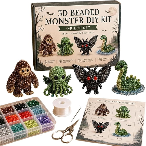 Tiny 3D Beaded Animal DIY Kit, 4 Cute Designs with Instructions, 3D Animal Themed Beadwork Kit for Beginners & Craft Enthusiasts, Home DIY Craft Project (Cryptid & Monster)