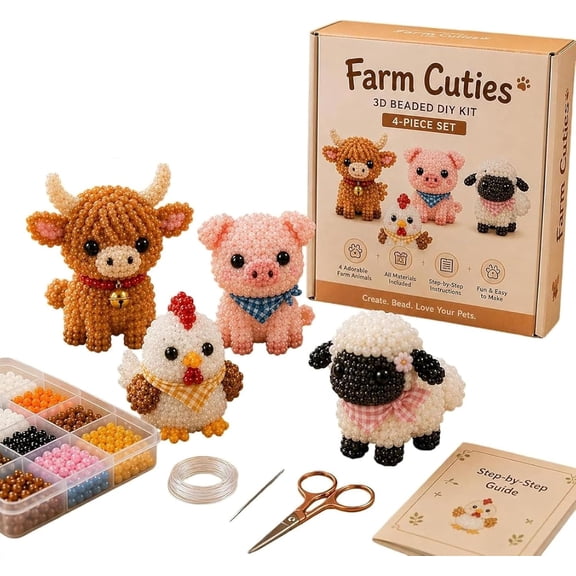 Tiny 3D Beaded Animal DIY Kit, 4 Cute Designs with Instructions, 3D Animal Themed Beadwork Kit for Beginners & Craft Enthusiasts, Home DIY Craft Project (Farm Cuties)