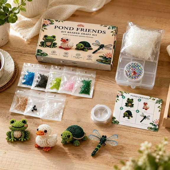 Tiny 3D Beaded Animal DIY Kit, 4 Cute Designs with Instructions, 3D Animal Themed Beadwork Kit for Beginners & Craft Enthusiasts, Home DIY Craft Project (Pond Friends)