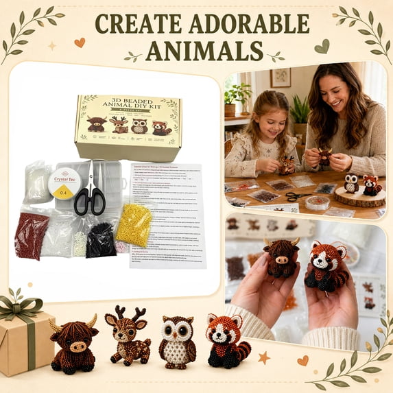 Tiny 3D Beaded Animal DIY Kit, 4 Cute Designs with Instructions, 3D Animal Themed Beadwork Kit for Beginners & Craft Enthusiasts, Home DIY Craft Project (Woodland Friends)