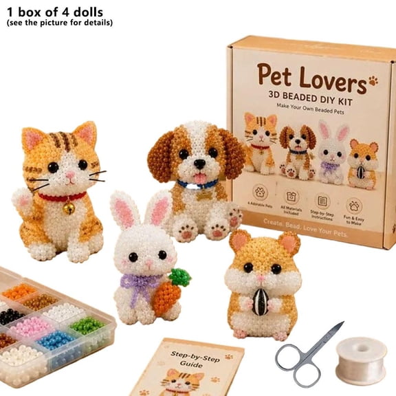 Tiny 3D Beaded Animal DIY Kit, 4 Cute Designs with Instructions, 3D Animal Themed Beadwork Kit for Beginners & Craft Enthusiasts, Home DIY Craft Project