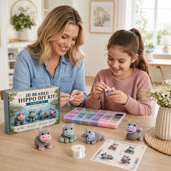 Tiny 3D Beaded Animal DIY Kit, 4-Piece Handmade Beading Craft Set Create 4 Hippo Figures, Stable 3D Standalone Design, All Materials Included