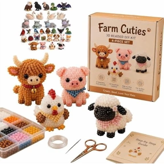Tiny 3D Beaded Animal DIY Kit, 4-Piece Handmade Beading Craft Set for Beginners, Cute Bead Art Mini Desk Decor Gift (Farm Cuties)