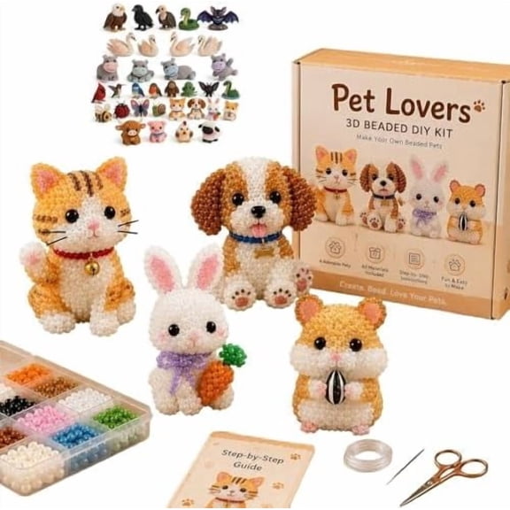 Tiny 3D Beaded Animal DIY Kit, 4-Piece Handmade Beading Craft Set for Beginners, Cute Bead Art Mini Desk Decor Gift (Pet Lovers)